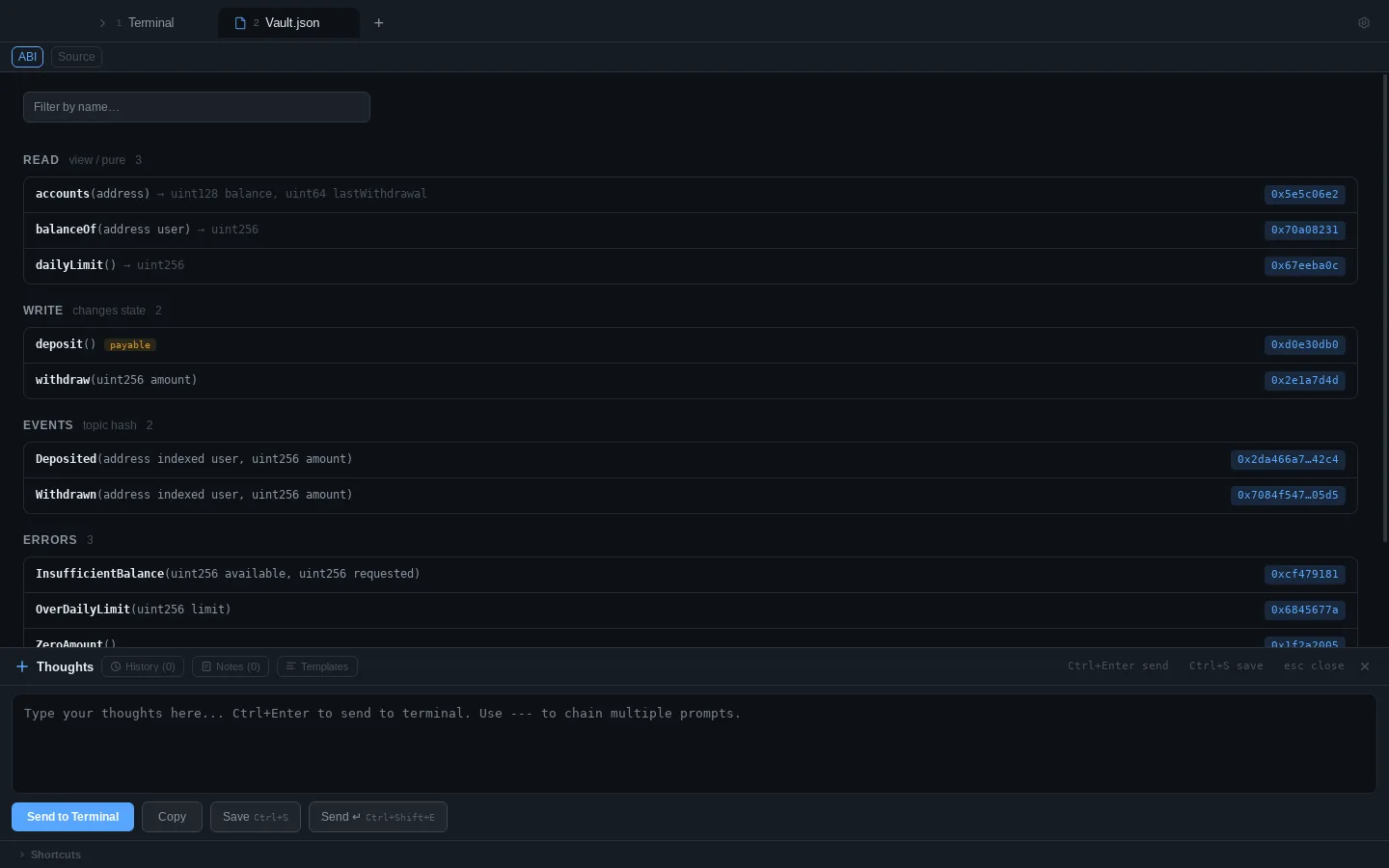 ABI viewer showing read and write functions, events and errors with selectors