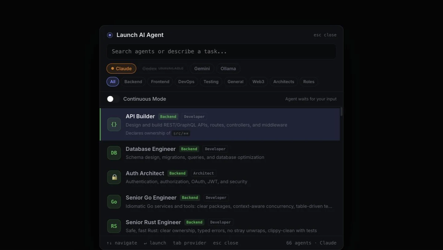 The agent picker listing API Builder, Database Engineer, Auth Architect and other agent profiles