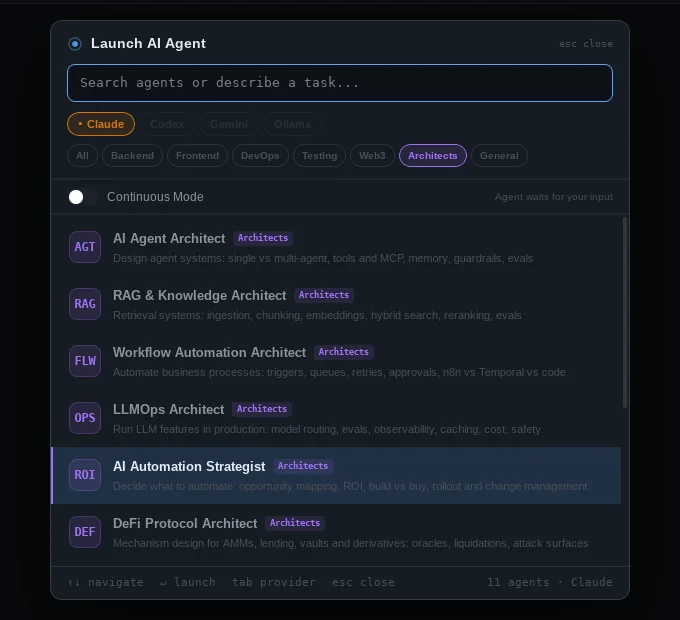 The Architects category in the agent picker: AI Agent, RAG and Knowledge, Workflow Automation, LLMOps, AI Automation Strategist and DeFi Protocol architects