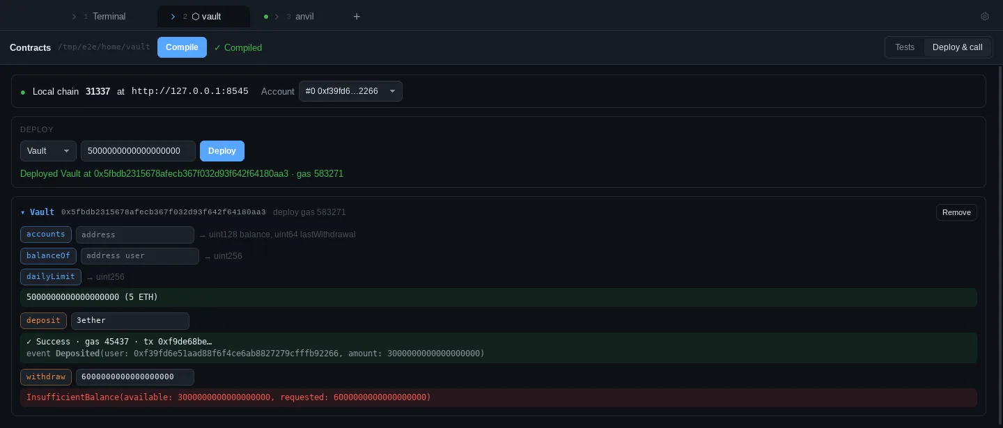 Workbench deploy and call view: a Vault on Anvil with decoded events and reverts