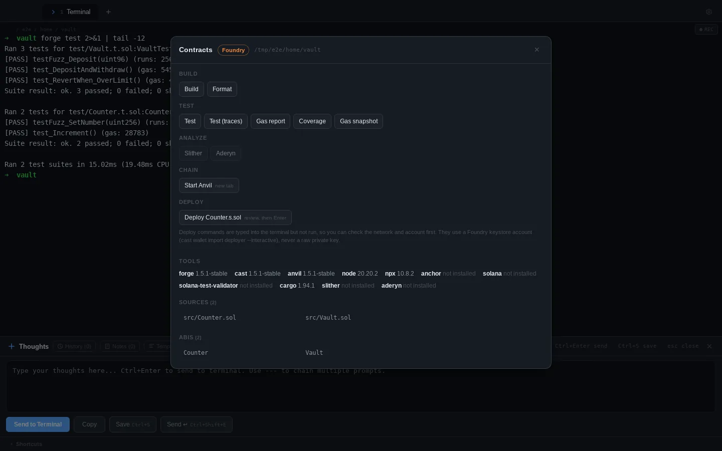 The Contracts panel for a Foundry project with build, test, analyze and local chain actions