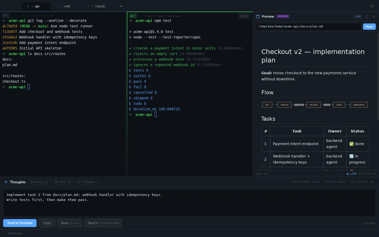 ADE with two terminal panes running git log and the test suite, a rendered markdown plan in the preview panel, and a prompt drafted in the scratchpad