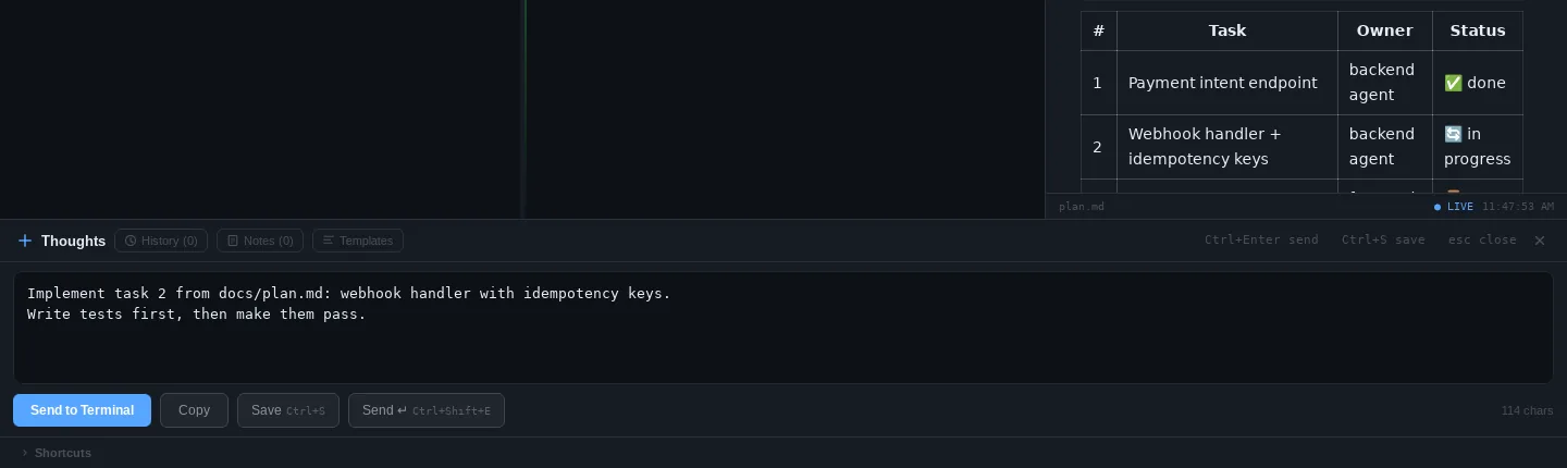 The scratchpad under the terminals with a drafted prompt and Send to Terminal
