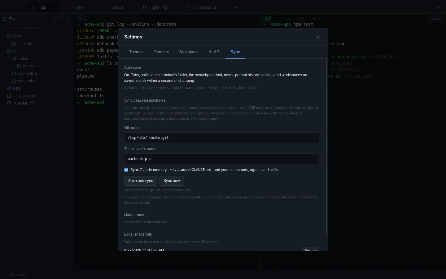 The Sync settings