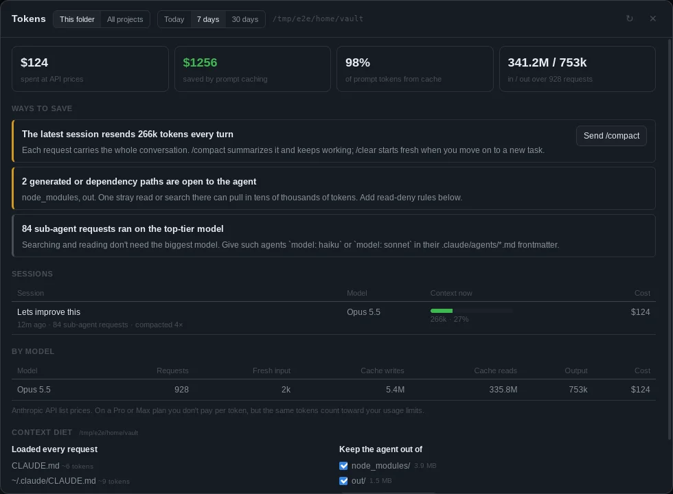 Tokens panel: spend, savings from caching, cache hit rate, sessions with context meters and usage by model